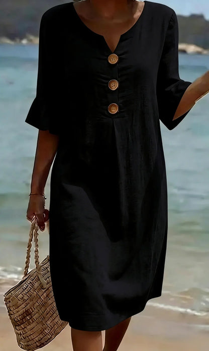 Vanesa | Vestido con textura de lino con manga abullonada y botones